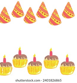 seamless pattern border frame festive cupcake with candle and festive cap on white background