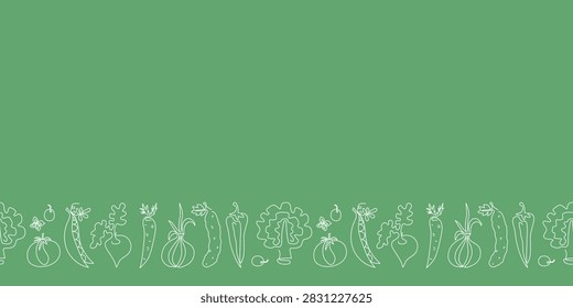 Seamless pattern, border. Garden harvest. Vegan food, set of vegetables lined up. Vegetarianism. Local farmers market, dietary nutrition concept.