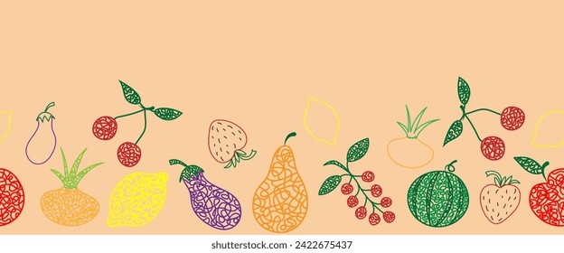 Seamless pattern (border) with hand drawn watermelon, cherry, apple, pear, lemon, strawberry, eggplant, currant, onion on beige background in childrens naive style.