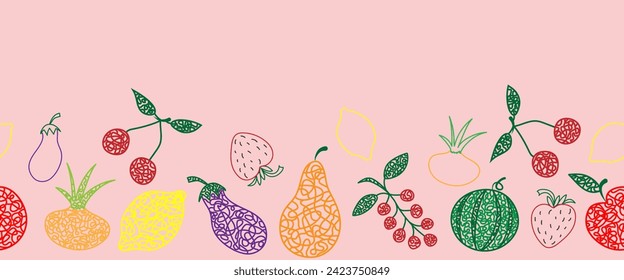 Seamless pattern (border) with hand drawn watermelon, cherry, apple, pear, lemon, strawberry, eggplant, currant, onion on pink background in childrens naive style.