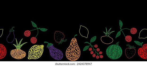 Seamless pattern (border) with hand drawn watermelon, cherry, apple, pear, lemon, strawberry, eggplant, currant, onion on black background in childrens naive style.