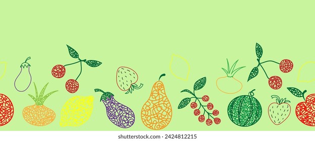 Seamless pattern (border) with hand drawn watermelon, cherry, apple, pear, lemon, strawberry, eggplant, currant, onion on green background in childrens naive style.