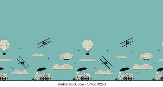 Seamless pattern, border for kids room, steam train, plane, balloon, airship, clouds and birds on blue background, vector illustration