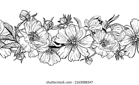 Seamless pattern border with luxury flowers peonies and buds vector graphics hand drawn line art print for fabric design, textile, wallpaper.