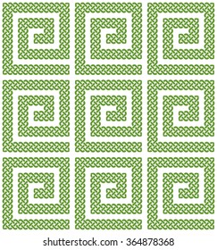 A seamless pattern or border made of Celtic knots laid in counterclockwise spiral, vector illustration (pointed corners, green on white background, isolated)