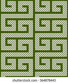 A seamless pattern or border made of Celtic knots laid in an S shape curve, vector illustration (pointed corners, white on dark green background, isolated)