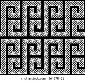 A seamless pattern or border made of Celtic knots laid in an S shape curve, vector illustration (pointed corners, white on black background, isolated)