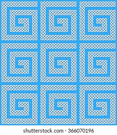 A seamless pattern or border made of Celtic knots laid in clockwise spiral, vector illustration (pointed corners, white on blue background)