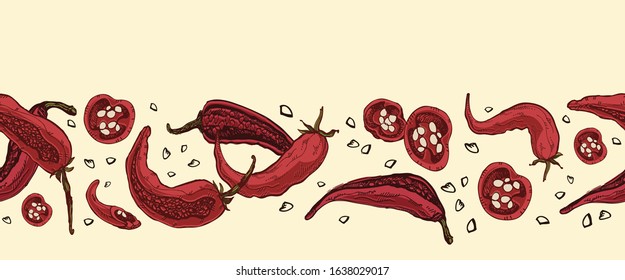 Seamless pattern. A border made from pods of red hot chili peppers. In the style of hand-drawn. A set of vegetables. Background for indian, mexican, oriental spicy food, spice shops. Vector graphics.