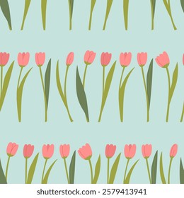 Seamless pattern with border of pink tulips. Floral spring vector flat background. Elegant botanical illustration backdrop for textile design, scrapbooking, wrapping paper