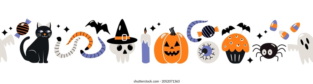 seamless pattern border for print and web. happy halloween with characters icons jack lamp, skull, black cat, worms, bat, candle, cupcake. vector illustration isolated on white background