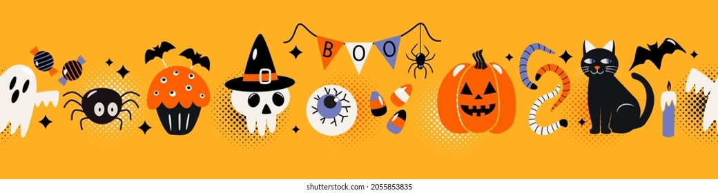 seamless pattern border for print and web. happy halloween with characters icons jack lamp, skull, black cat, worms, bat, candle, cupcake. vector illustration isolated on orange background