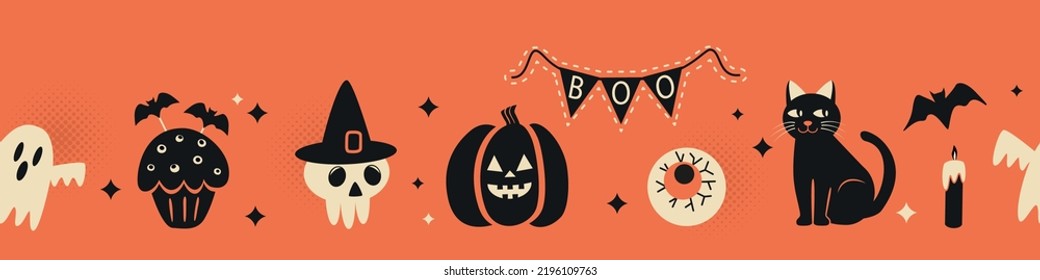 seamless pattern border for print and web. happy halloween with characters icons jack lamp, skull, black cat, worms, bat, candle, cupcake. vector illustration isolated on orange background