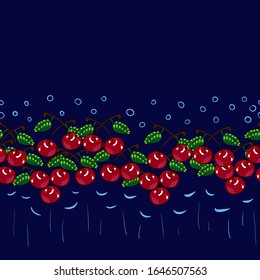 Seamless pattern with a border of ripe cherries on a blue background. Suitable for fabric, wrapping paper, Wallpaper, tiles, dishes, bags, illustrations, postcards, garden supplies. Vector sketch,