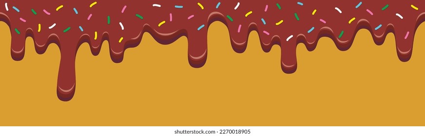 Seamless pattern border with sweet melting chocolate with colorful sprinkles. Vector illustration