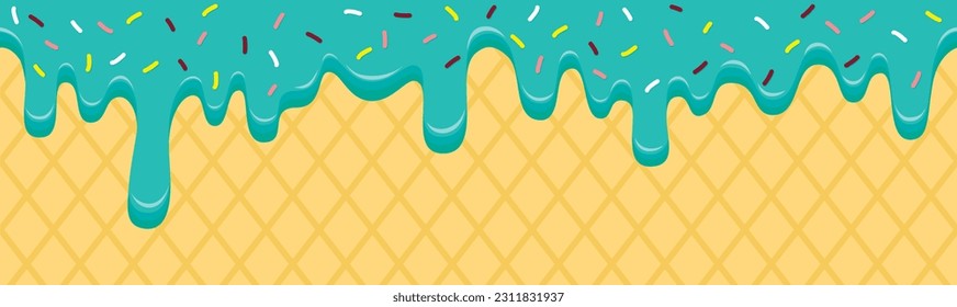 Seamless pattern border with sweet melting blue glaze with colorful sprinkles and waffle background. Vector illustration