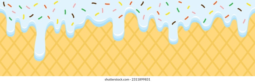 Seamless pattern border with sweet melting glaze, colorful sprinkles and waffle background. Vector illustration