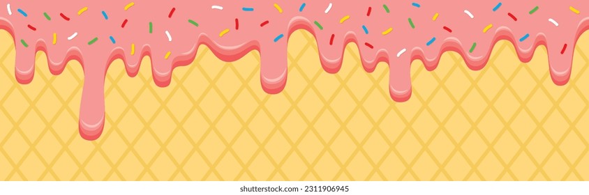 Seamless pattern border with sweet pink ice cream, colorful sprinkles and waffle background. Vector illustration