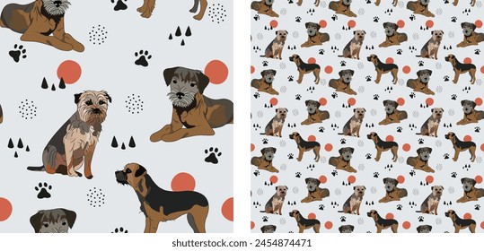 Seamless pattern with border terrier dogs. Holiday present. Gift wrapping. Square tile, Repeatable background art with terriers. Funny dog mascot. Dog paws, abstract icons. Dog element. Decoration.