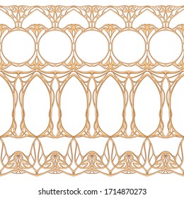 Patrón transparente, borde. La madera tallada imitación en estilo Art Nouveau, vintage, antiguo, retro. Ilustración vectorial coloreada aislada en fondo blanco.