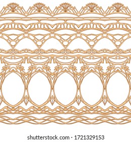 Patrón transparente, borde. La madera tallada imitación en estilo Art Nouveau, vintage, antiguo, retro. Ilustración vectorial coloreada aislada en fondo blanco.