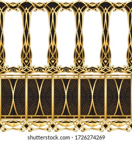Seamless pattern, border. Wood carving imitation in art nouveau style, vintage, old, retro style. Colored vector illustration in gold, white and black colors.