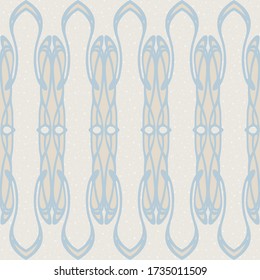 Seamless pattern, border. Wood carving imitation in art nouveau style, vintage, old, retro style. Colored vector illustration in soft blue and beige colors.