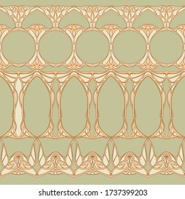 Seamless pattern, border. Wood carving imitation in art nouveau style, vintage, old, retro style. Colored vector illustration in soft green and beige colors.