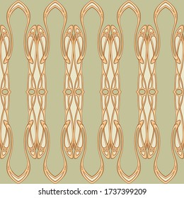 Patrón sin foco, borde. La imitación de madera tallada en estilo Art Nouveau, vintage, antiguo, retro. Ilustración vectorial de color verde suave y color beige.
