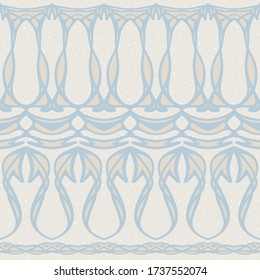 Seamless pattern, border. Wood carving imitation in art nouveau style, vintage, old, retro style. Colored vector illustration in soft blue and beige colors.