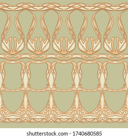 Seamless pattern, border. Wood carving imitation in art nouveau style, vintage, old, retro style. Colored vector illustration in soft green and beige colors.
