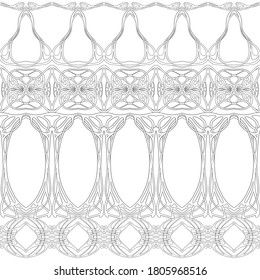 Seamless pattern, border. Wood carving imitation in art nouveau style, vintage, old, retro style. Outline vector illustration.