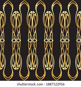 Seamless pattern, border. Wood carving imitation in art nouveau style, vintage, old, retro style. Colored vector illustration in gold and black colors.