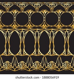 Seamless pattern, border. Wood carving imitation in art nouveau style, vintage, old, retro style. Colored vector illustration in gold and black colors.