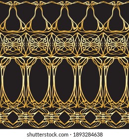 Seamless pattern, border. Wood carving imitation in art nouveau style, vintage, old, retro style. Colored vector illustration in gold and black colors.