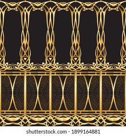 Seamless pattern, border. Wood carving imitation in art nouveau style, vintage, old, retro style. Colored vector illustration in gold and black colors.