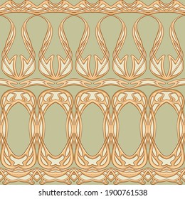 Seamless pattern, border. Wood carving imitation in art nouveau style, vintage, old, retro style. Colored vector illustration in soft green and beige colors.