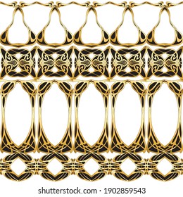 Seamless pattern, border. Wood carving imitation in art nouveau style, vintage, old, retro style. Colored vector illustration in gold, white and black colors.