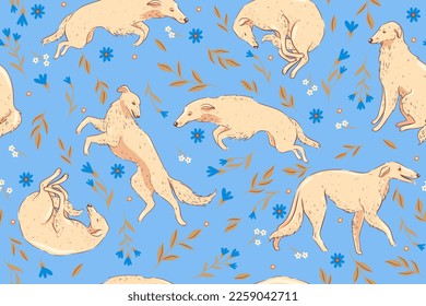 Seamless pattern with borzoi and flowers. Vector graphics.