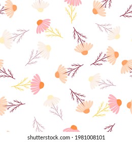 Seamless pattern with botanic camomile doodle flowers. Random pink and orange ornament. Isolated print. Great for fabric design, textile print, wrapping, cover. Vector illustration.