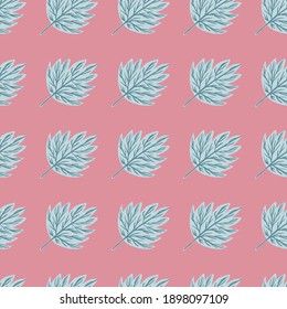 Seamless pattern with botanic decorative blue contoured leaf ornament. Pink pastel background. Decorative backdrop for fabric design, textile print, wrapping, cover. Vector illustration.