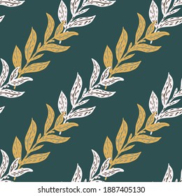 Seamless pattern with botanic hand drawn grey and orange foliage silhouettes on turquoise background. Decorative backdrop for fabric design, textile print, wrapping, cover. Vector illustration.