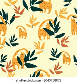 Seamless pattern  with botanical and animal wild life. Colorful tropical elements , wonderful for kids sleepwear or bedding, as well as wallpaper.