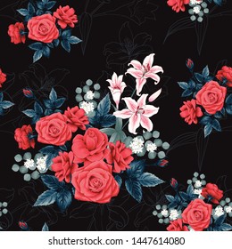 Seamless pattern botanical beautiful red Rose flowers and Lilly black background.Vector illustration hand drawing line art.