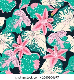 Seamless pattern botanical Caladium and pink lilly flowers on isolated black background.Vector illustration.watercolor style