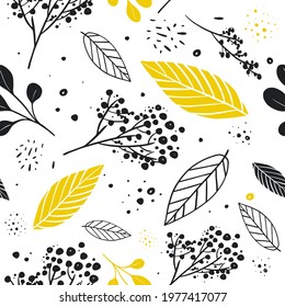Seamless pattern with botanical collection. Floral abstract bakdrop. Good for printing, flyer, poster, packaging, banner, wallpaper. Vector illustration.