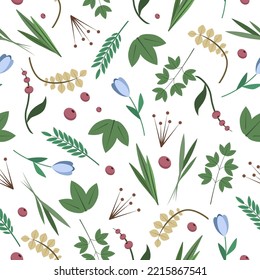 Nahtlose Muster botanischer, dekorativer, Kräuter, Blätter, blauer Blumen auf weißem Hintergrund.Vektor natürliches Muster.