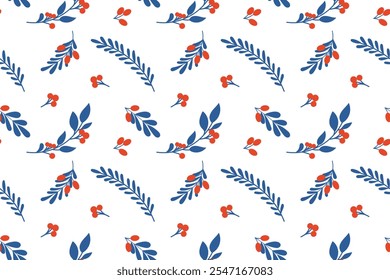 Seamless pattern with botanical elements, blue branches, leaves and red berries. Christmas vector pattern. Holiday symbol.