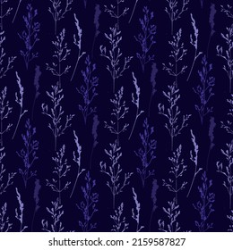 Seamless pattern of botanical elements silhouettes. Wild night herbs.