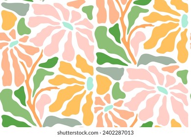 Seamless pattern of botanical floral figures in the style of Matisse. Pastel color silhouettes of plants, flowers, paper collage on a white background.